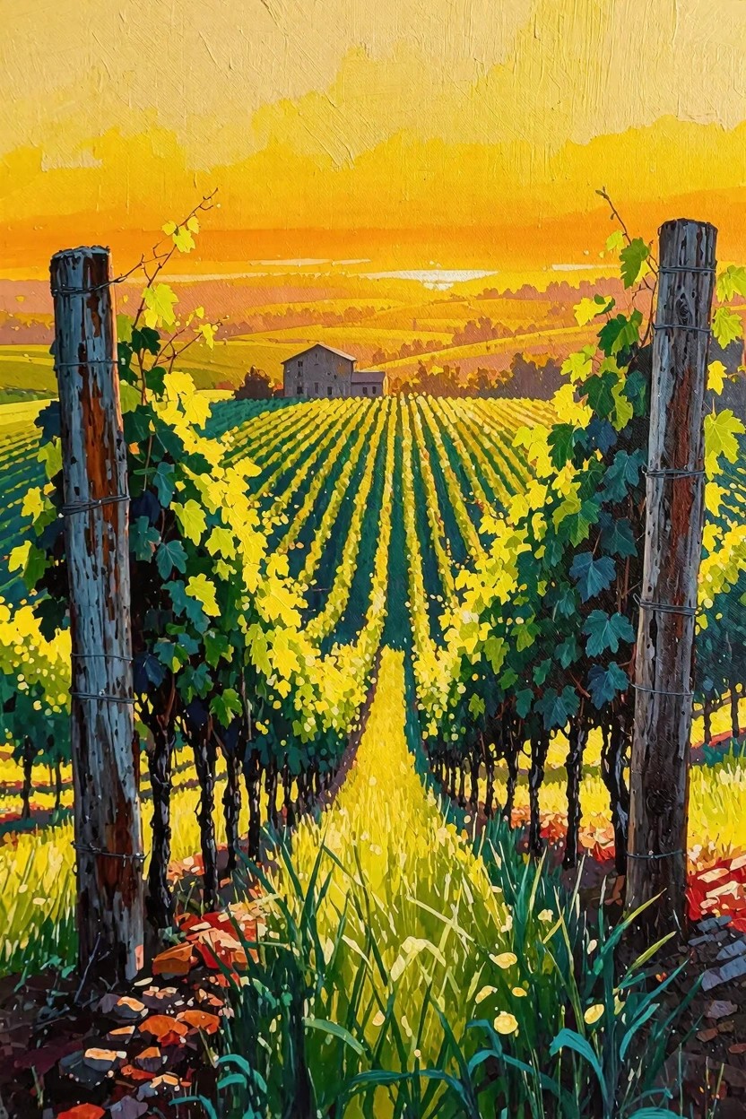 Vibrant painting of grapevine rows forming a path to a barn under a golden orange sunset sky with green vines and foreground grass.