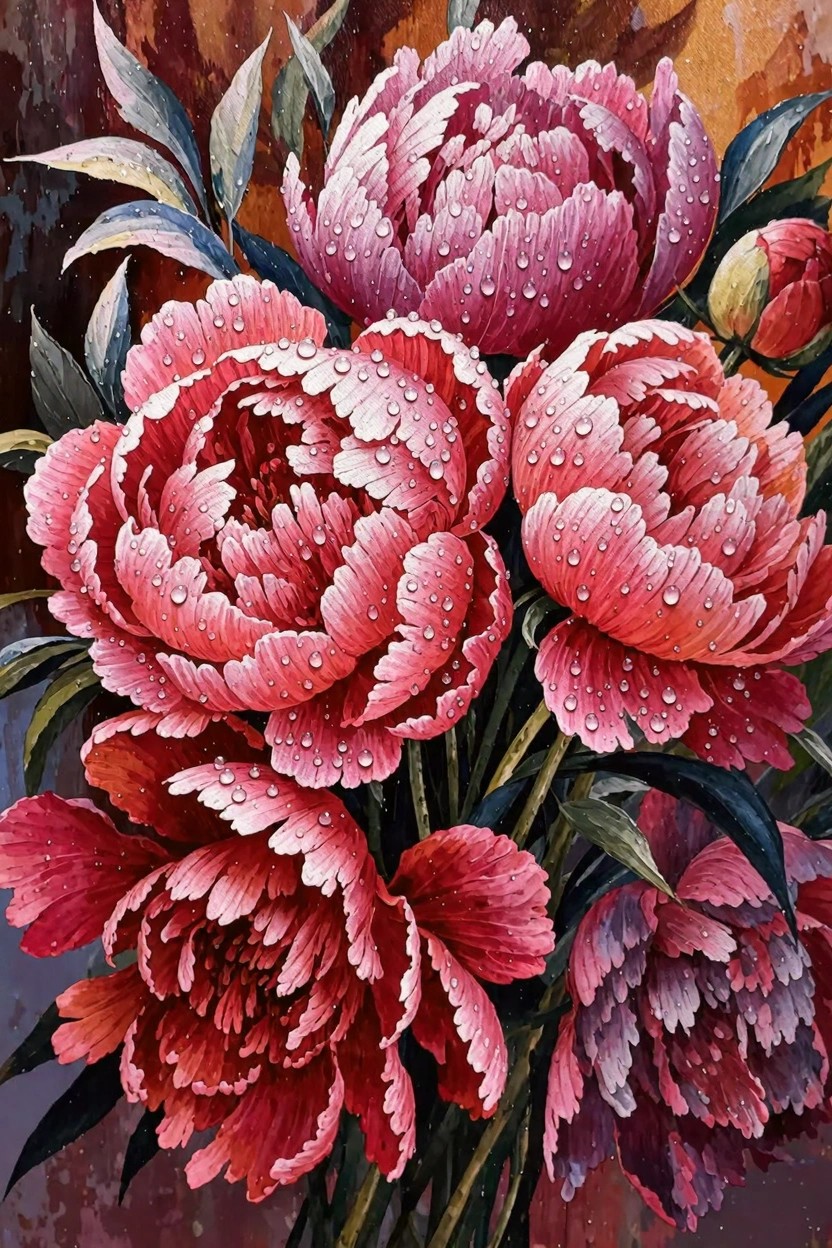 Detailed acrylic-style painting of clustered pink and red peonies with dew drops on petals, green leaves, and dark background.