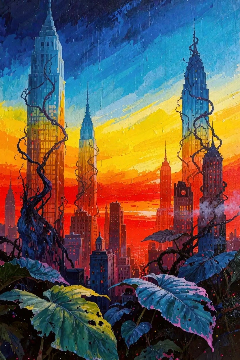 Vibrant acrylic painting of skyscrapers entwined with blue and green vines against a colorful sunset sky, framed by large foreground leaves.