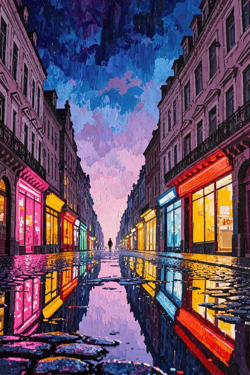 Vertical view down a narrow city street at night with multicolored shop window lights reflecting on wet cobblestone pavement and a single walking figure in the distance.
