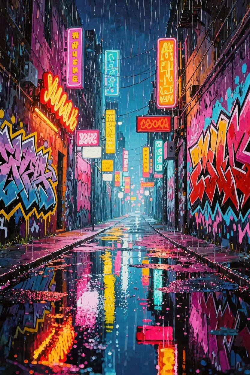 Vibrant cyberpunk alley at night in rain with neon signs, graffiti walls, and colorful reflections in puddles.