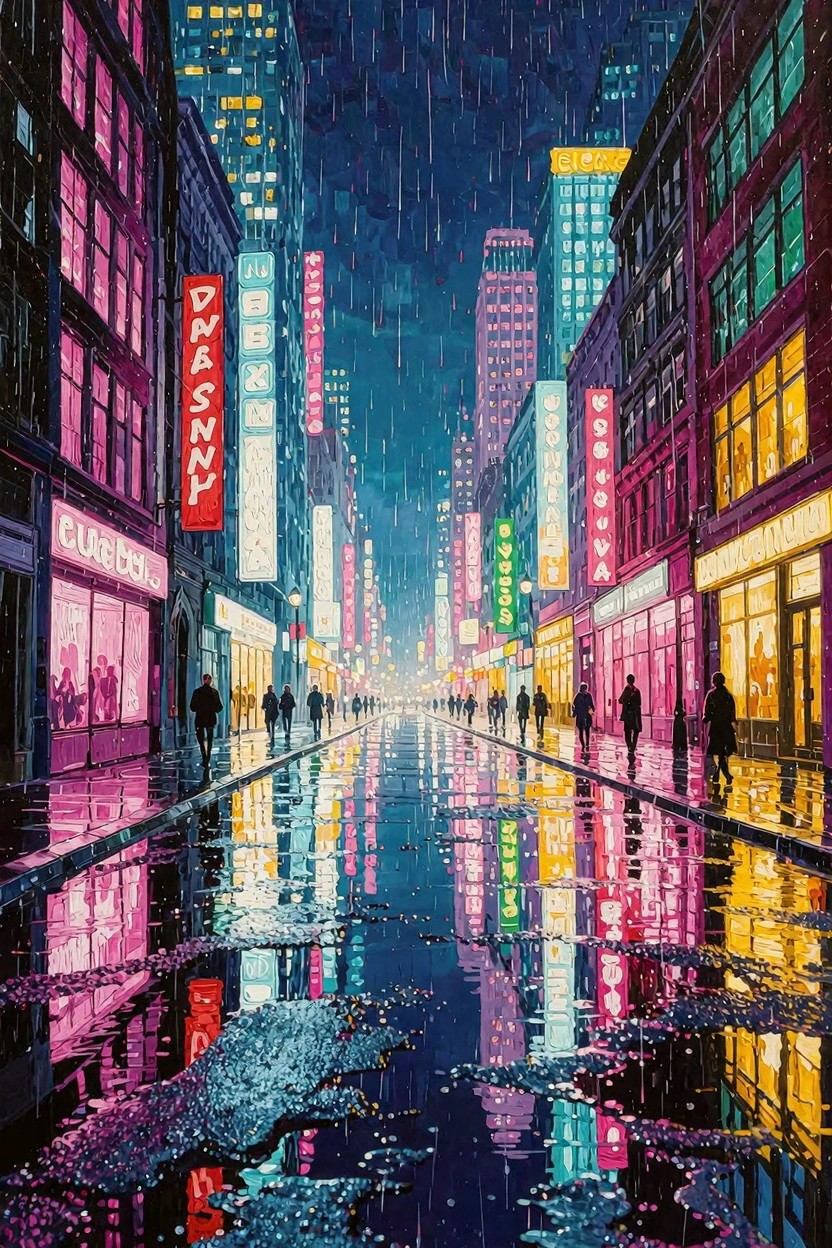Neon-lit rainy city street at night with colorful sign reflections on wet pavement and silhouetted walkers.