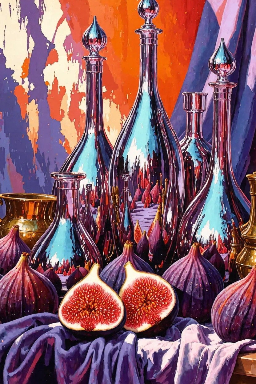 Vibrant still life of reflective blue glass decanters, gold vessels, and sliced purple figs on draped cloth with abstract orange-purple background.