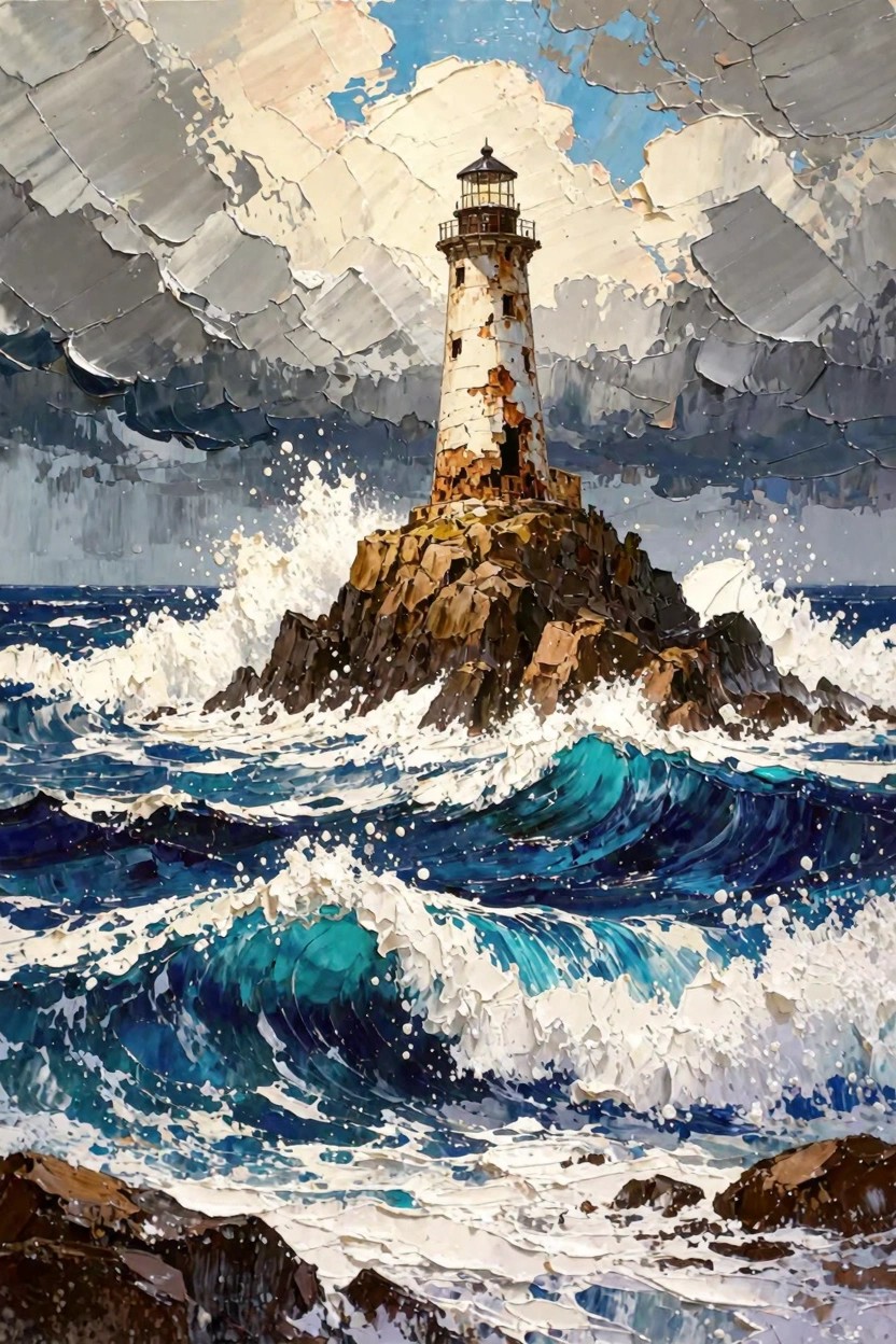 A textured painting of a white lighthouse on rocks amid crashing blue waves under gray stormy clouds.