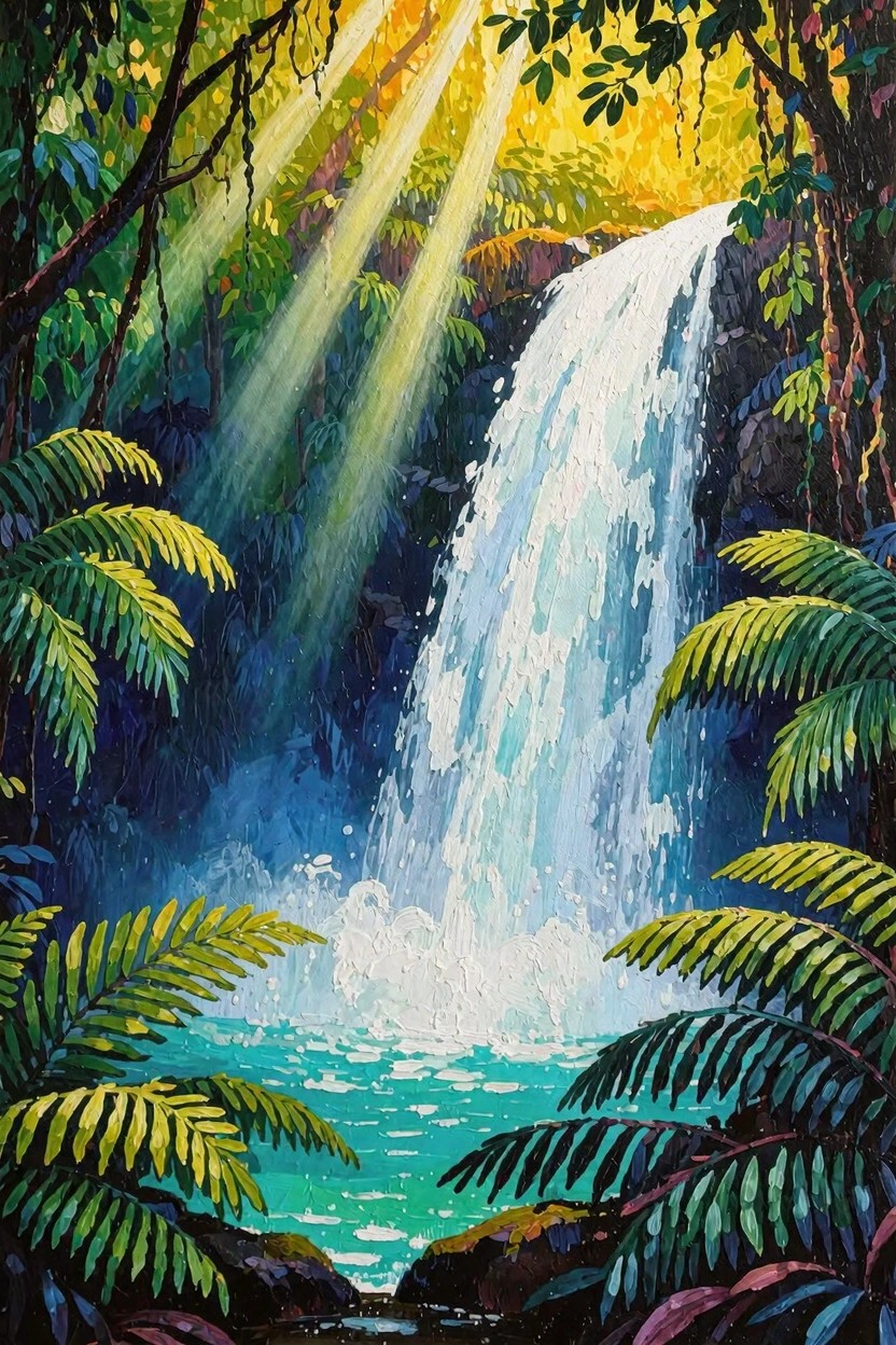 Vibrant painting of a jungle waterfall with sun rays piercing green foliage and turquoise pool below.