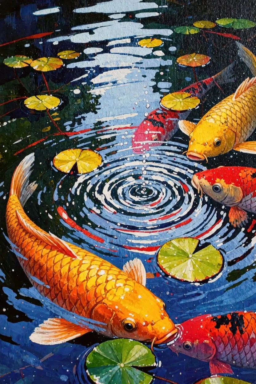 Detailed acrylic-style painting of three colorful koi fish swimming in a circular pattern around a water ripple in a pond with green lily pads.