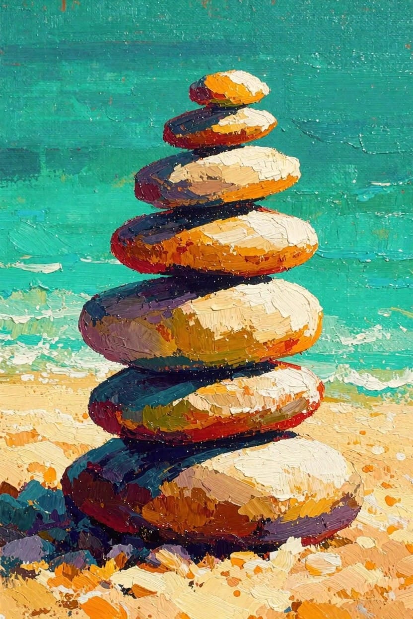 Stacked orange and yellow rocks balanced on beige sand against teal ocean waves in a textured acrylic painting.