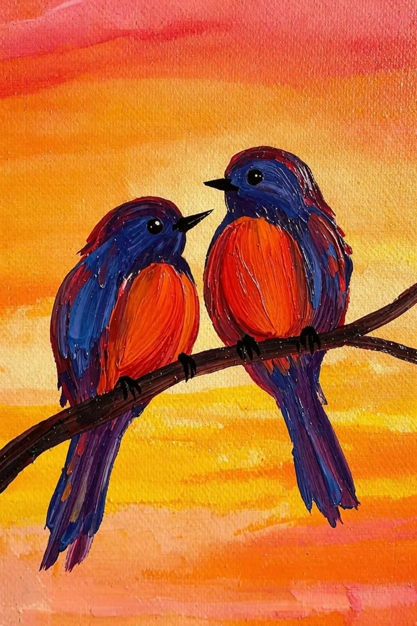 Two blue birds with orange chests sit facing each other on a branch against a gradient orange-to-yellow sunset sky.