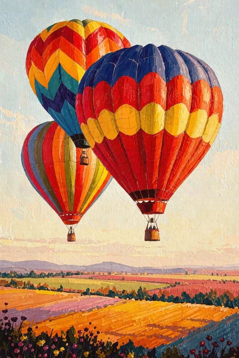 Several colorful hot air balloons float above rolling fields in sunset colors.