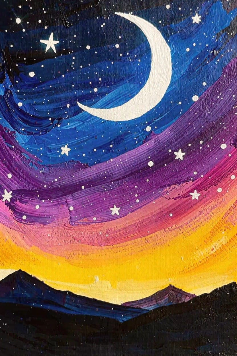 Acrylic painting of a night sky gradient from purple to yellow with white stars, a crescent moon, and black mountain silhouettes at the base.