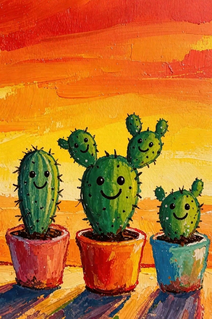 Three green cacti with smiling faces in red, orange, and blue pots against a textured orange-yellow sunset background.