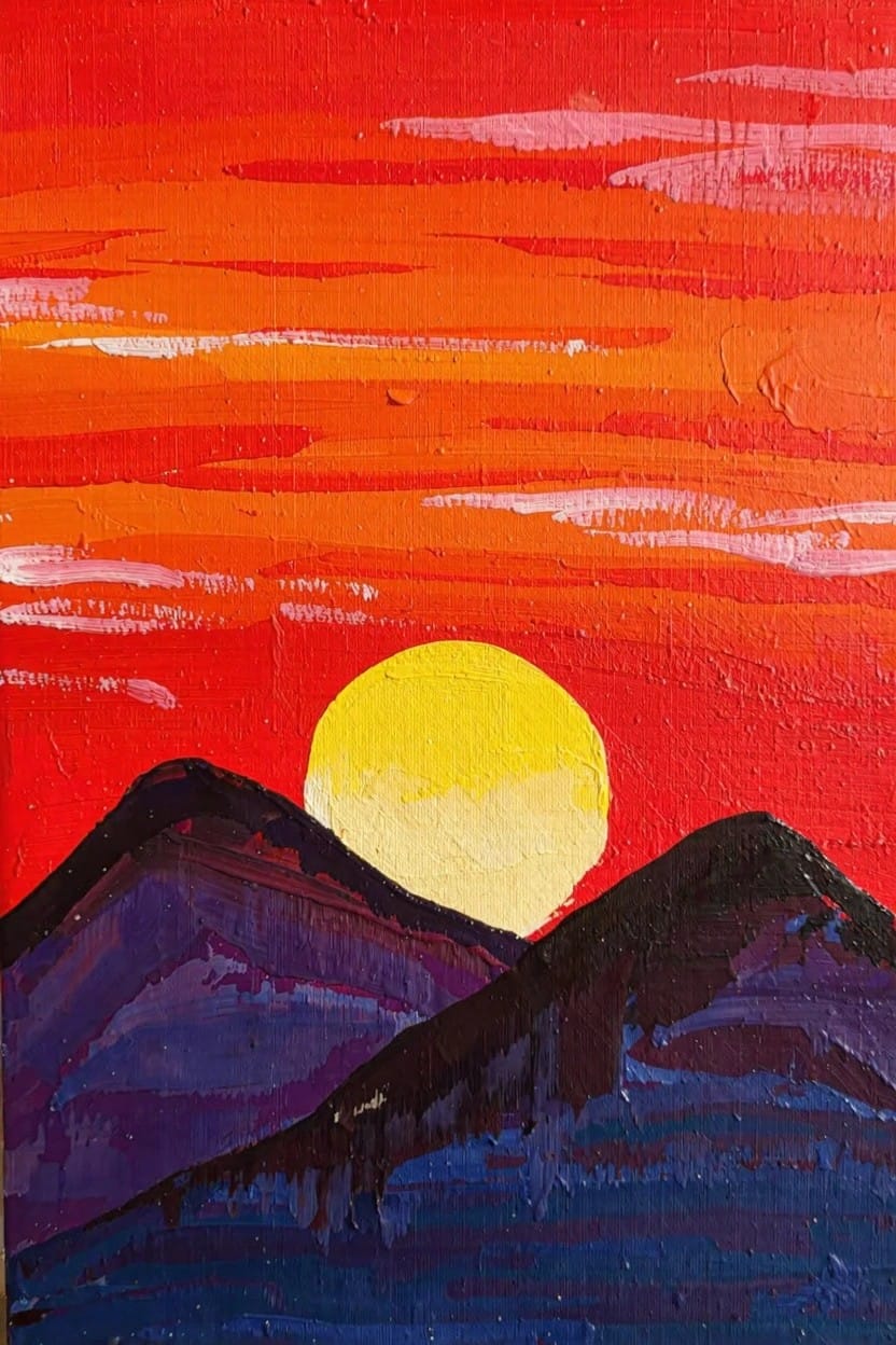 Acrylic painting of a yellow sun between purple mountains under streaked red-orange sunset sky with textured brushwork.