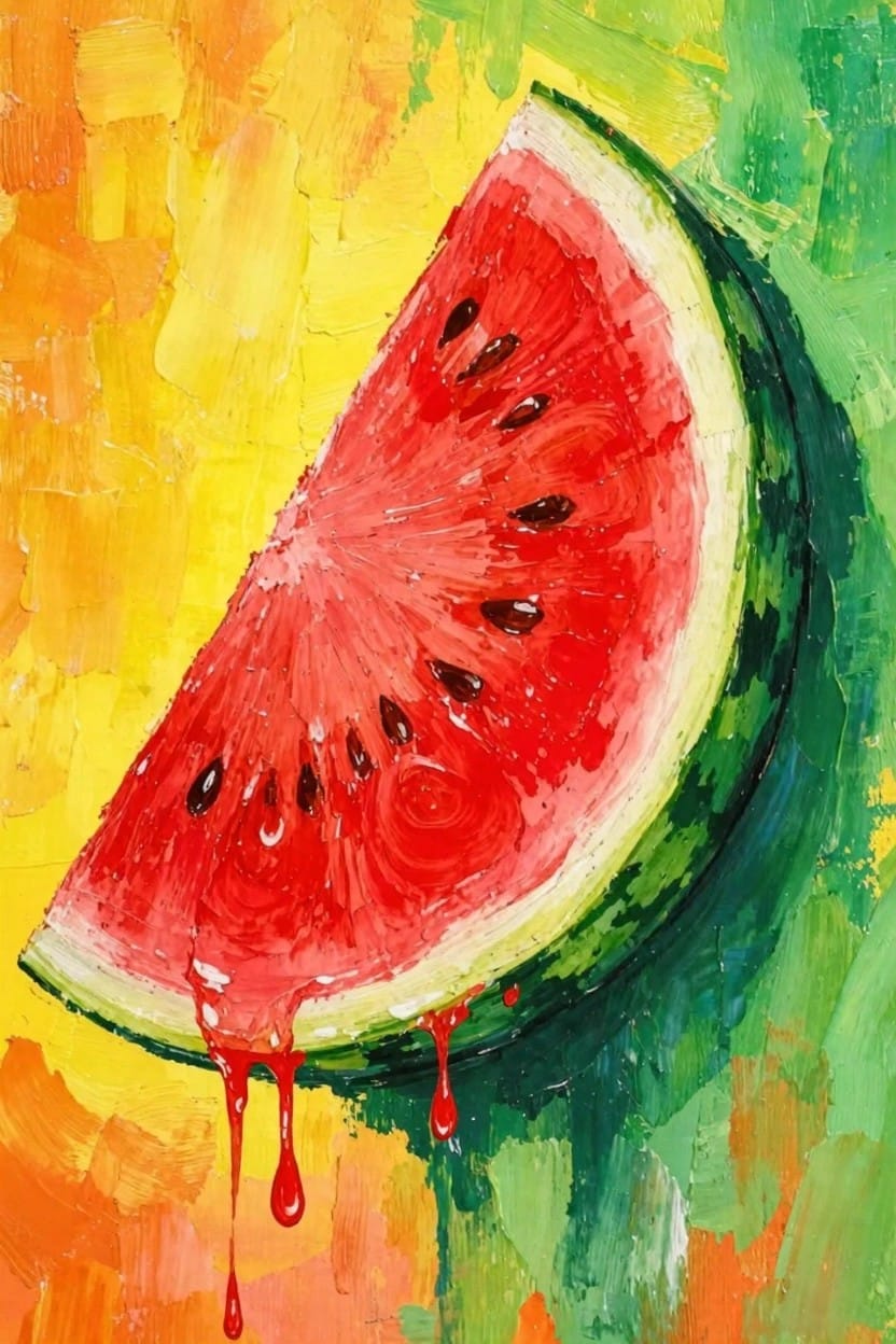 Colorful painting of a sliced watermelon with red flesh, black seeds, green rind, dripping juice, and abstract yellow-orange-green background.