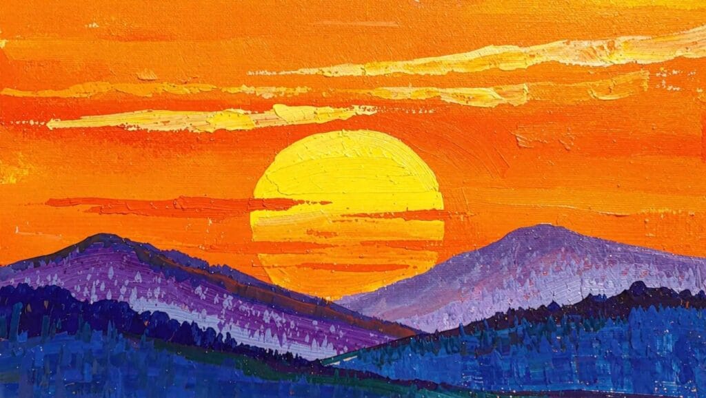 25 Beginner Friendly Acrylic Painting Ideas With Step By Step Guidance Acrylic painting of a yellow sun between purple mountains under streaked red-orange sunset sky with textured brushwork.