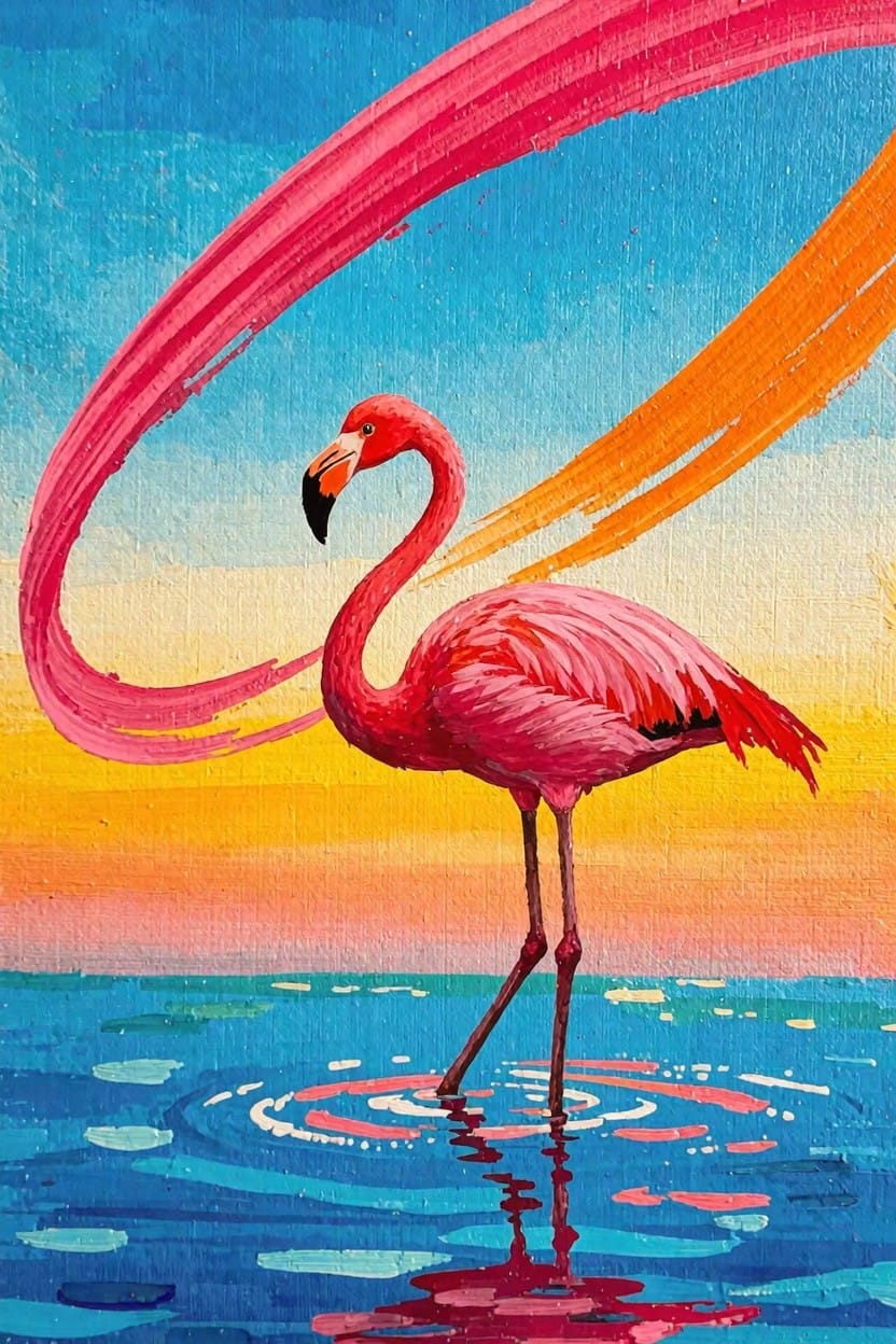 Pink flamingo standing in blue water with pink and orange ribbon-like trails swirling around it against a sunset sky.