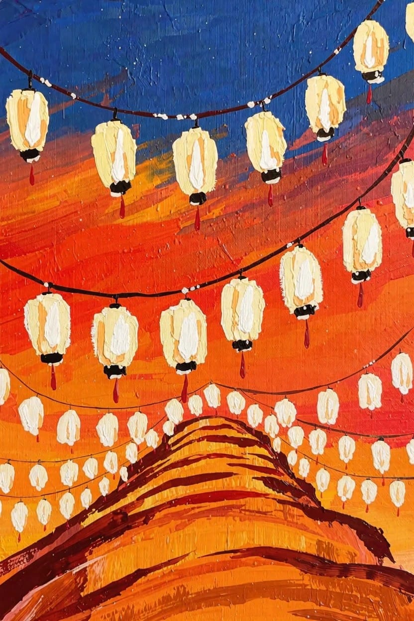 Vertical painting of white paper lanterns strung across a blue-to-orange sunset sky above a curving central path in thick impasto strokes.