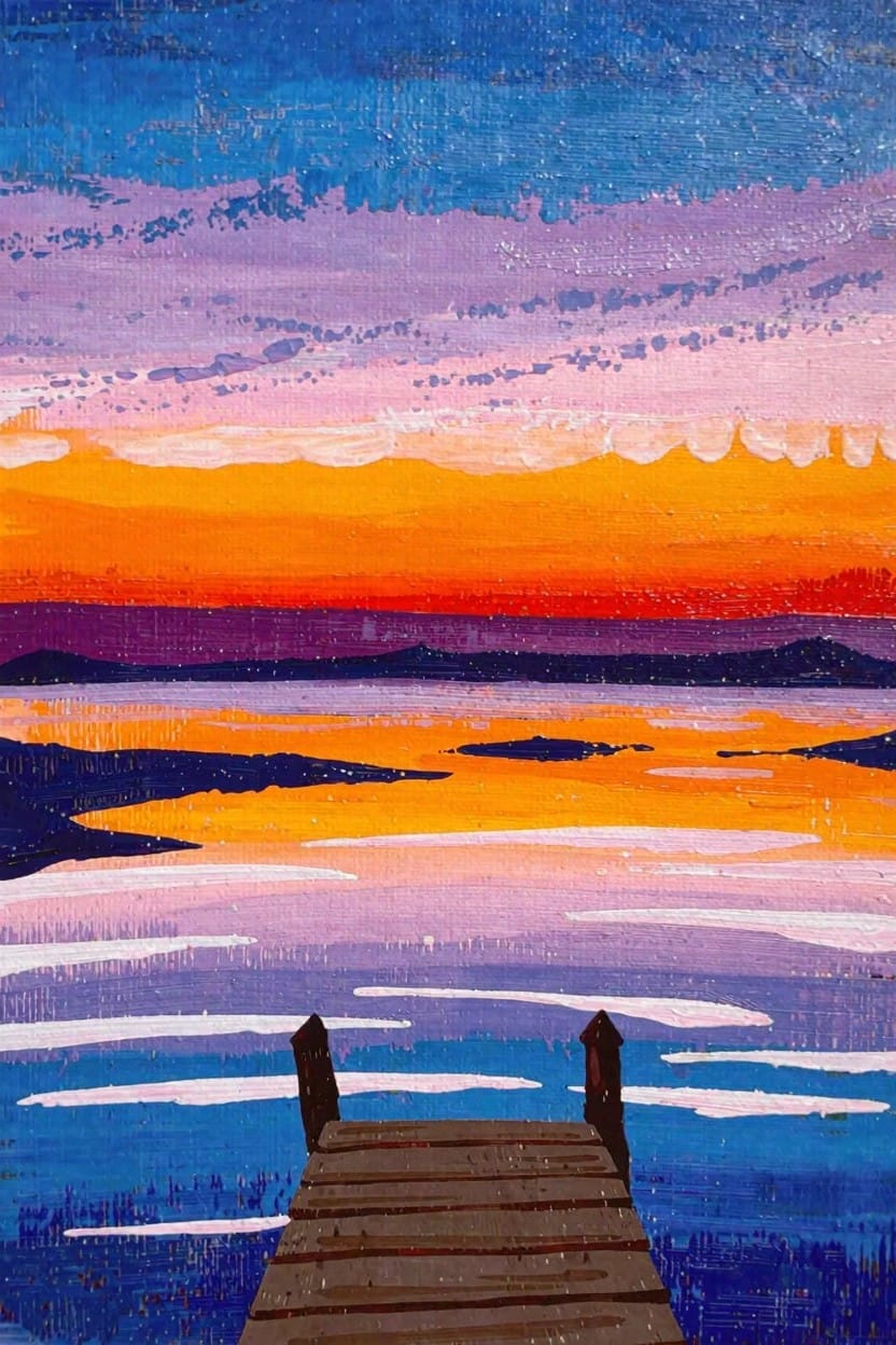 Acrylic painting of a wooden pier extending into reflective lake water under a vibrant orange-to-purple sunset sky.