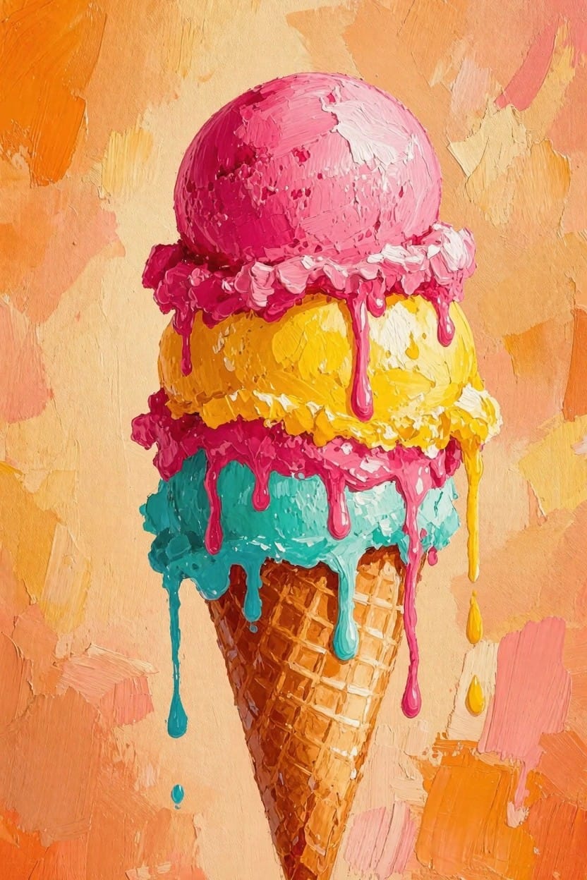 A colorful impasto-style painting of a triple scoop ice cream cone with pink top, yellow middle, and teal bottom scoops melting onto a waffle cone against an orange background.