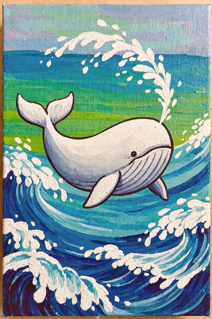 A white whale swims amid splashing blue ocean waves on a rectangular wooden panel.