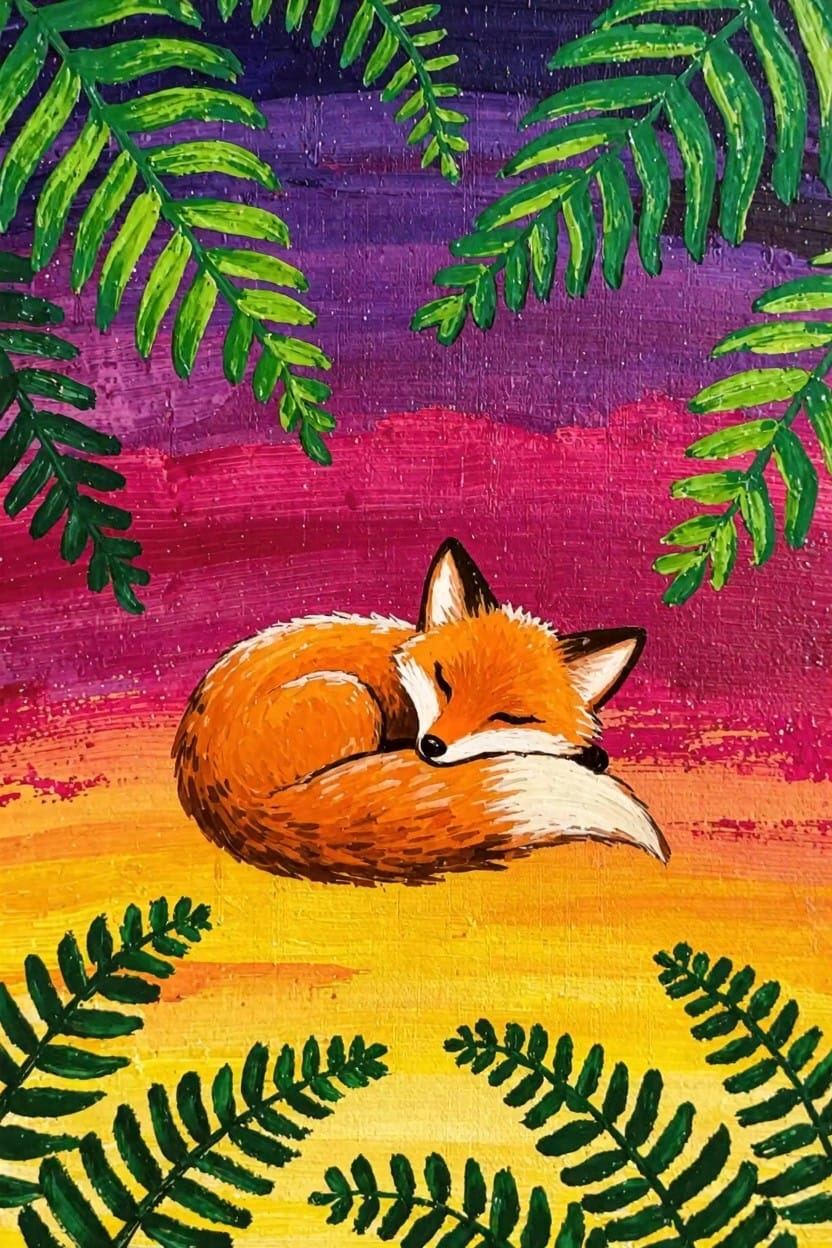 Orange fox curled asleep on a yellow-orange base surrounded by green ferns with a purple-pink-orange gradient sky background.