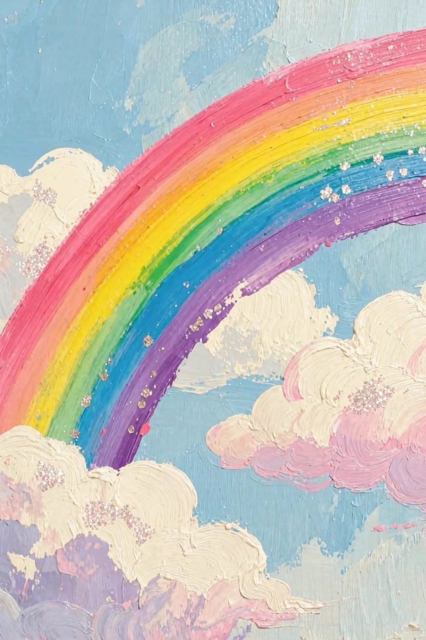 A textured painting of a rainbow arching over white, pink, and purple fluffy clouds against a blue sky with sparkles on the colors and clouds.