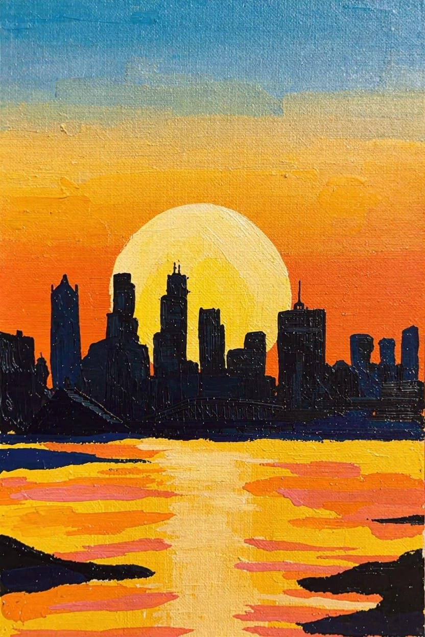 Acrylic painting of black silhouetted skyscrapers, bridge, and water reflecting a large orange-yellow sun in a gradient sunset sky.