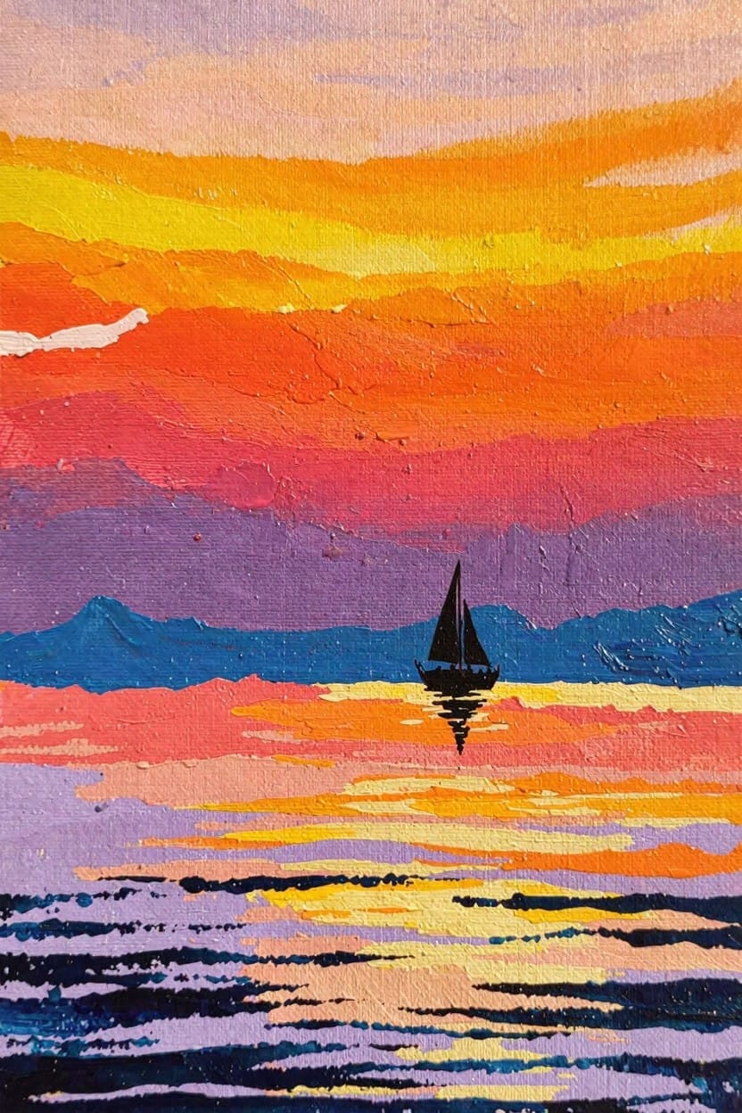 Vibrant impasto painting of a black sailboat on reflective water under a purple-to-orange sunset sky with distant blue mountains.