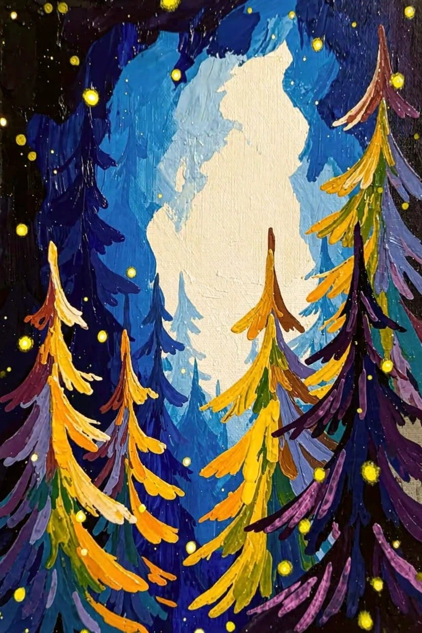 Vibrant painting of tall pine trees in blues, purples, yellows, and oranges against a dark blue background, dotted with yellow glowing fireflies.