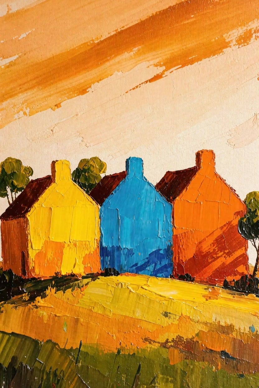 Acrylic painting of three houses in yellow, blue, and red on a grassy hill with trees, fields, and an orange sky.