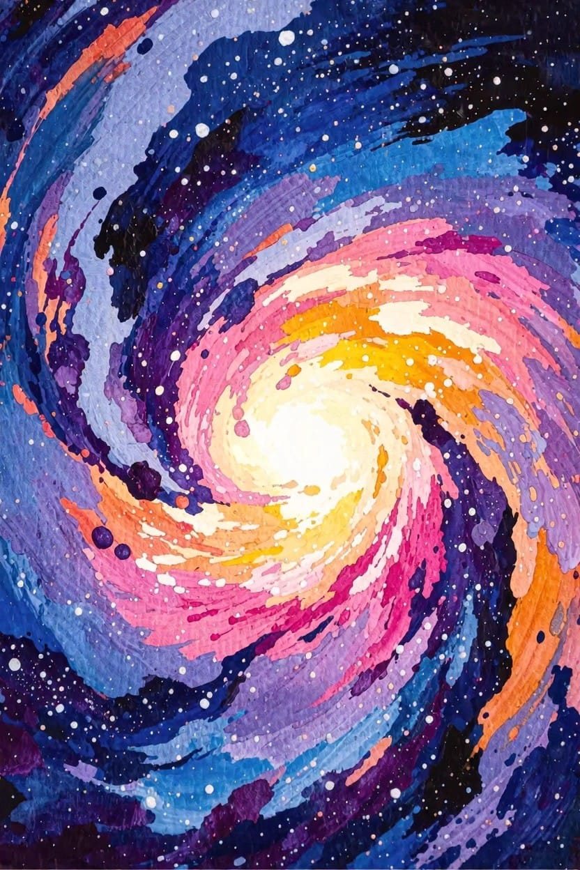 Colorful abstract spiral galaxy painting in blues, purples, pinks, oranges, yellows, and whites with starry dots on a dark background.