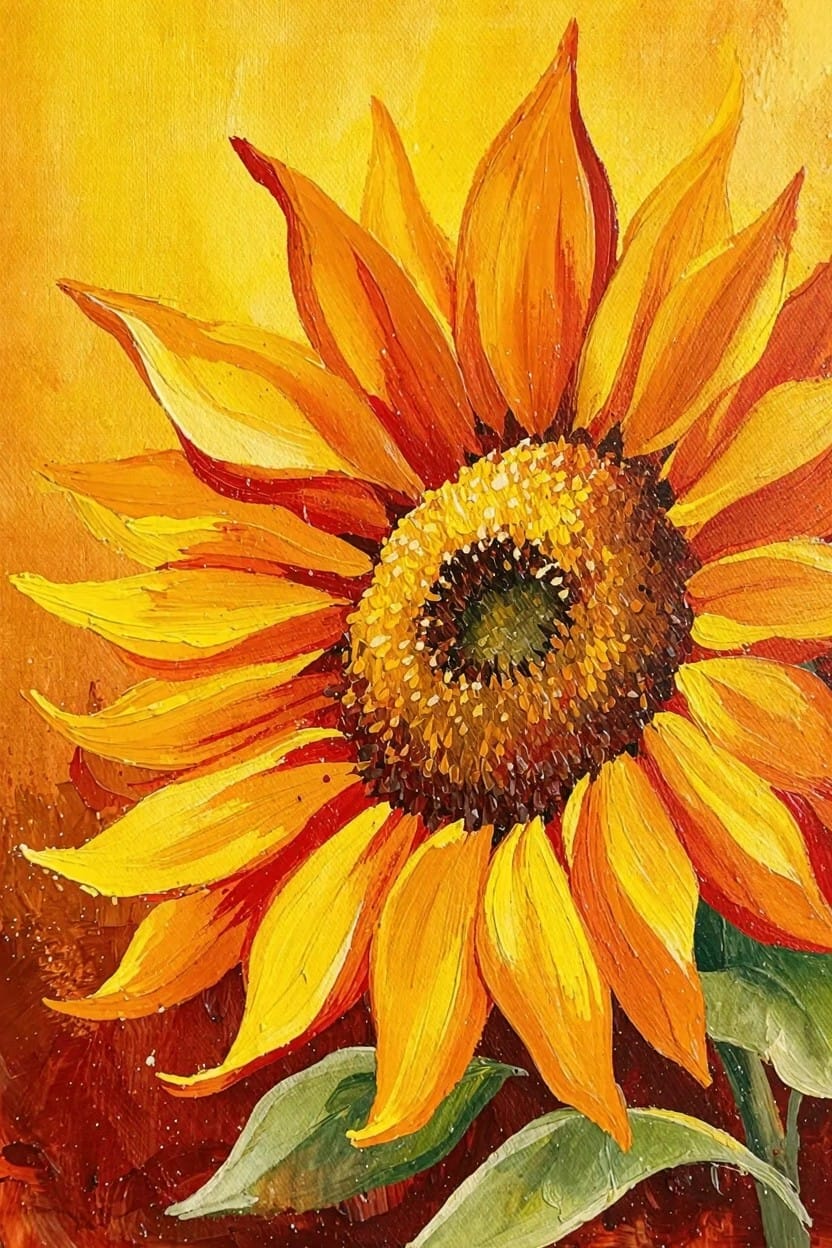 Close-up acrylic painting of a yellow sunflower with orange-tinted petals, brown center, and green leaves on a warm background.
