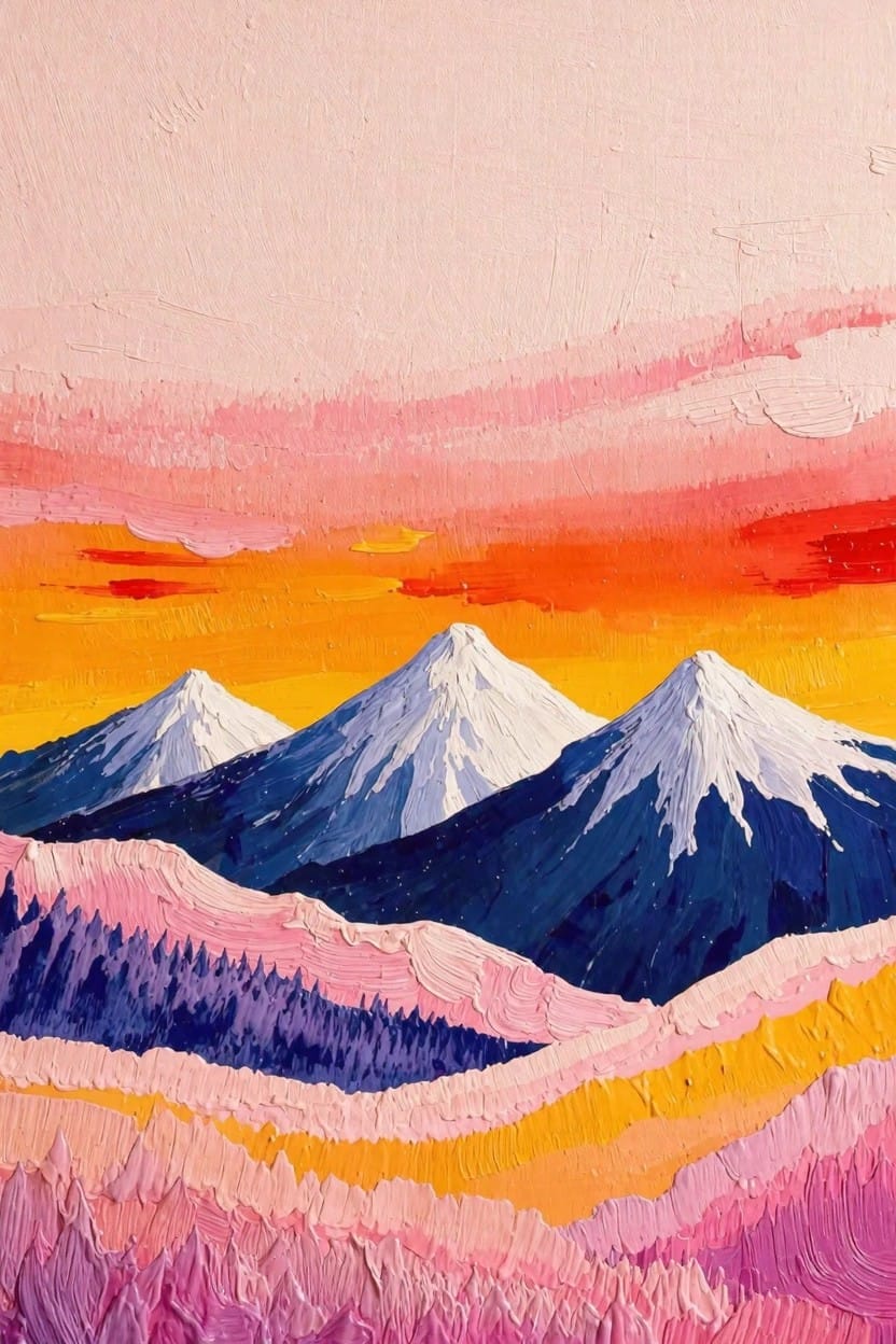 Acrylic painting of three white snow-capped mountains centered under a pink-orange-red sunset sky with textured purple-pink foreground hills and trees.