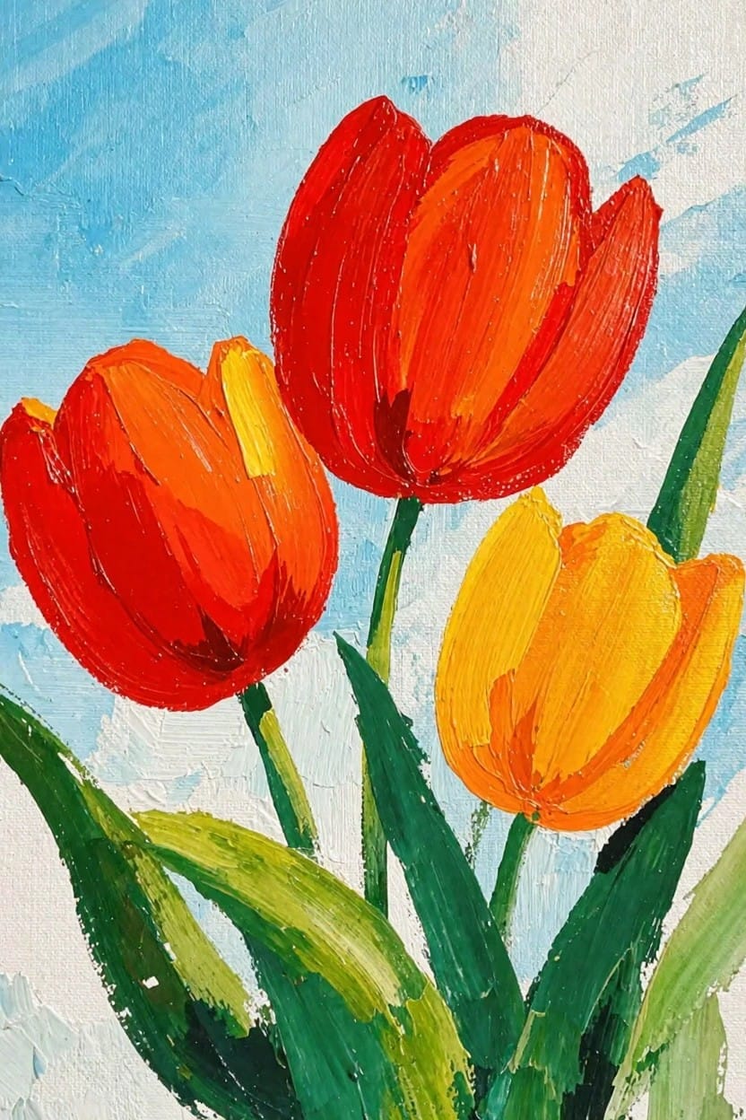 Acrylic painting of two red tulips, one yellow tulip, green stems and leaves against blue sky with white clouds.