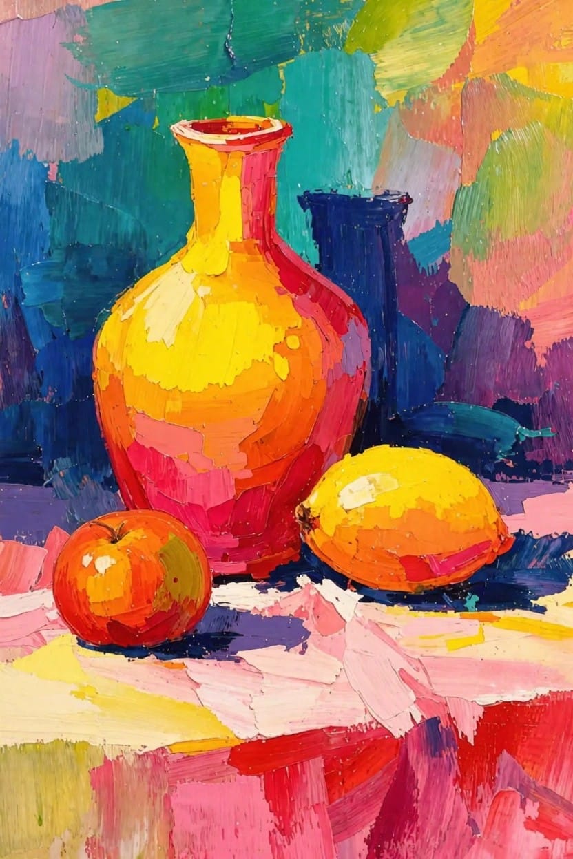 Vibrant impasto painting of a yellow-orange vase next to two lemons and a red apple on a colorful table with abstract background.