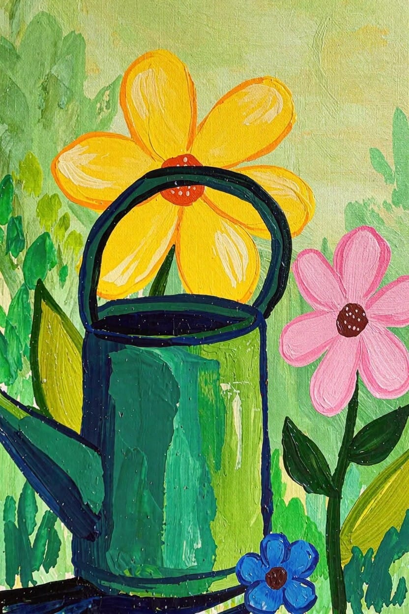 A green watering can holds a large yellow flower while pink and blue flowers stand beside it on a green leafy background.