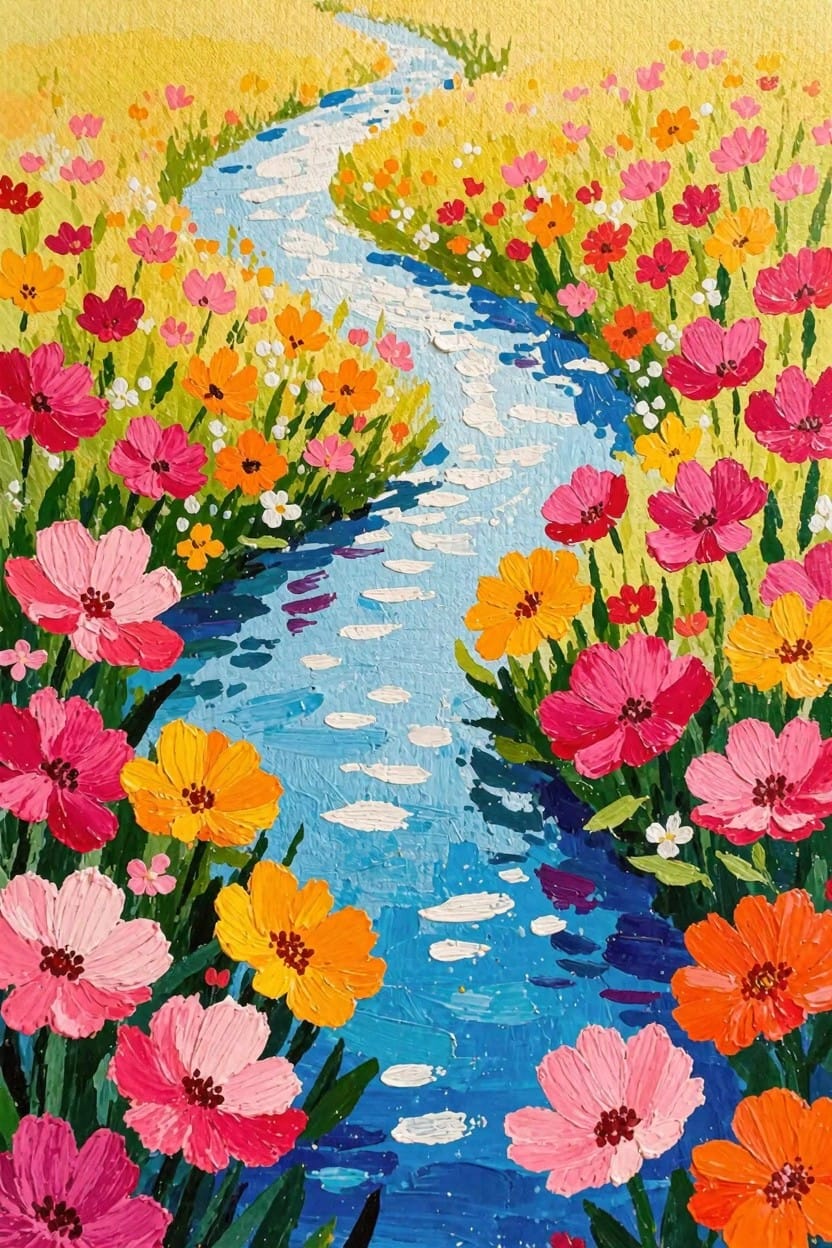 Vibrant painting of a blue stream curving through a field of pink, orange, and yellow wildflowers under a yellow sky.