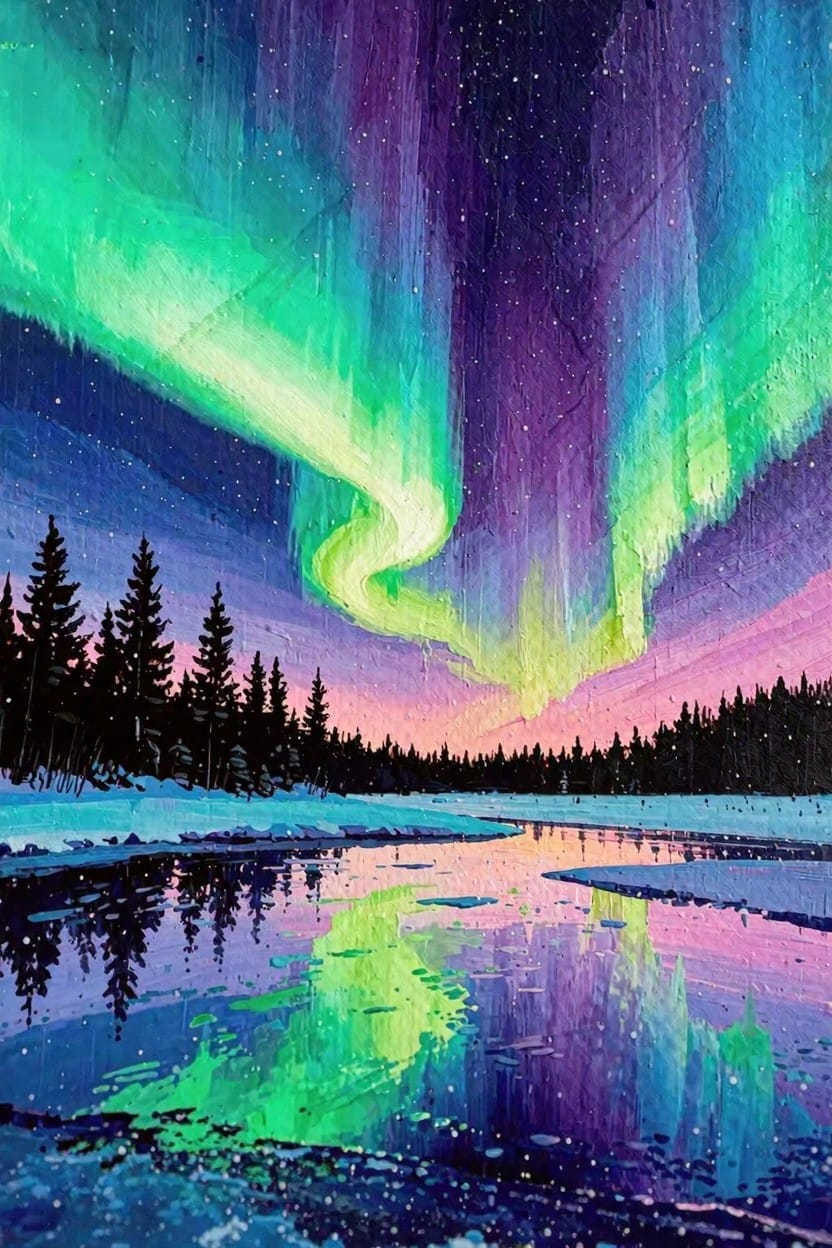 Painting of green and purple Northern Lights arching over dark pine trees, snowy ground, and a reflective river under a starry sky.