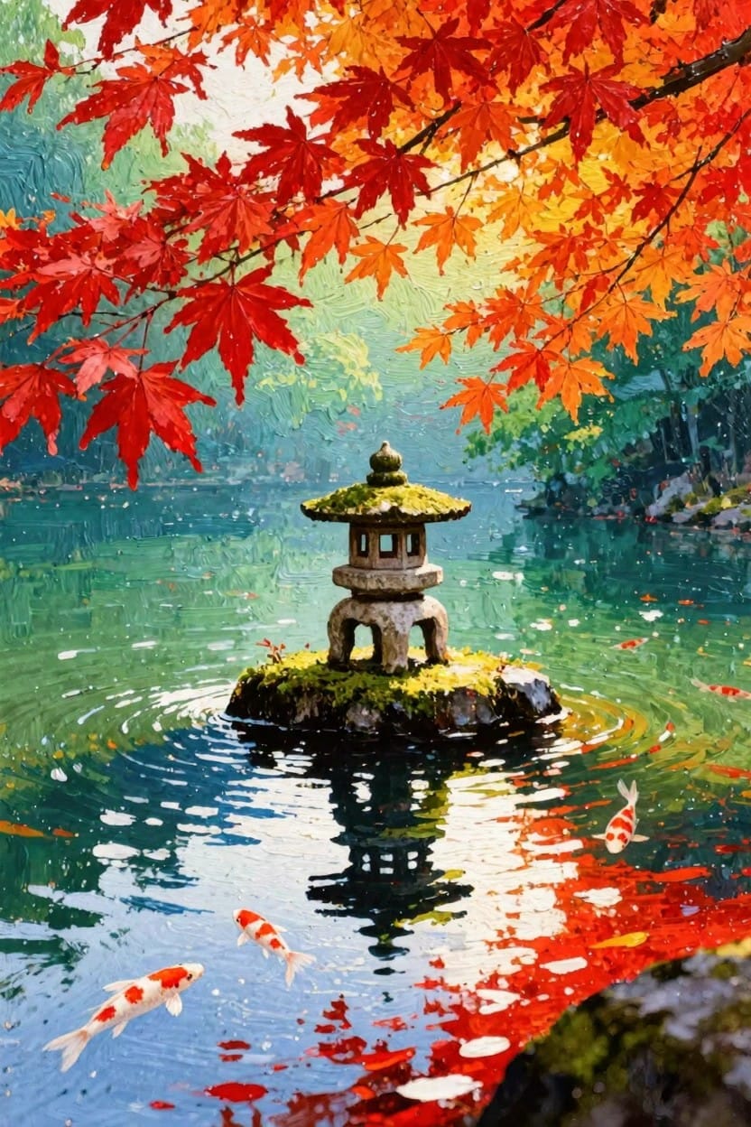 Painting of a stone lantern on a pond rock amid red autumn maple trees, with koi fish swimming in reflective green-blue water.