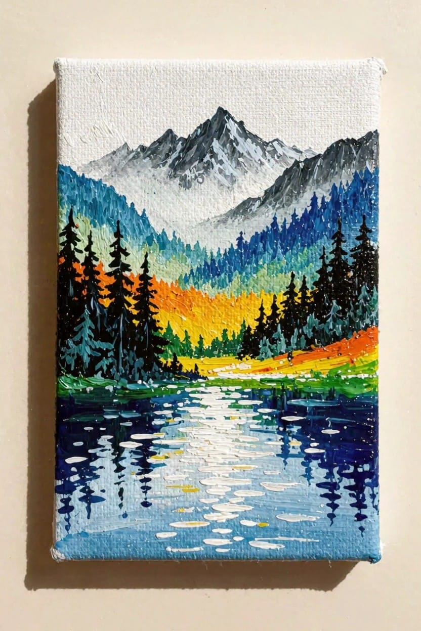 Small canvas acrylic painting of a snowy mountain reflected in a blue lake amid colorful trees in fall hues.