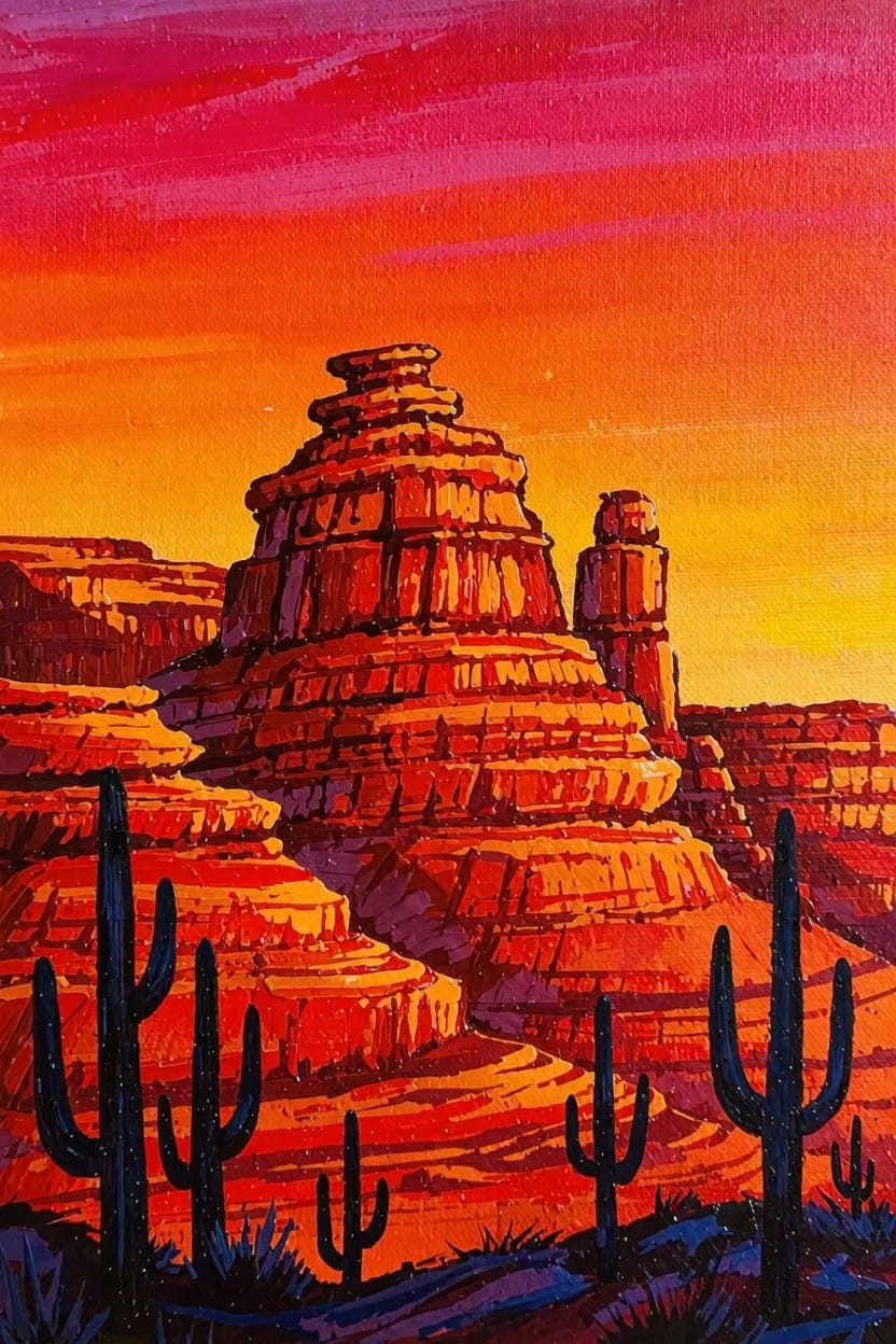 Vibrant painting of layered red rock buttes, saguaro cacti, and sunset sky in oranges and pinks.
