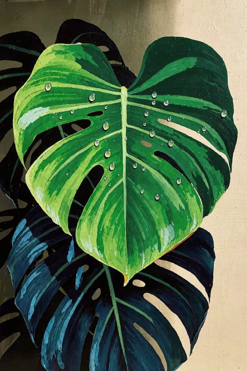 Acrylic painting of a vibrant green Monstera leaf with water droplets centered against a dark blue shadowy leaf and beige background.