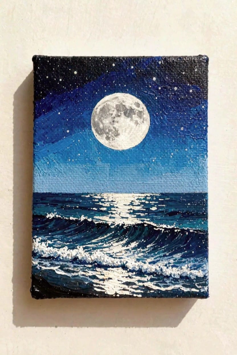 Small canvas acrylic painting of a full moon in starry dark blue sky above ocean waves with moonlight path on the water.