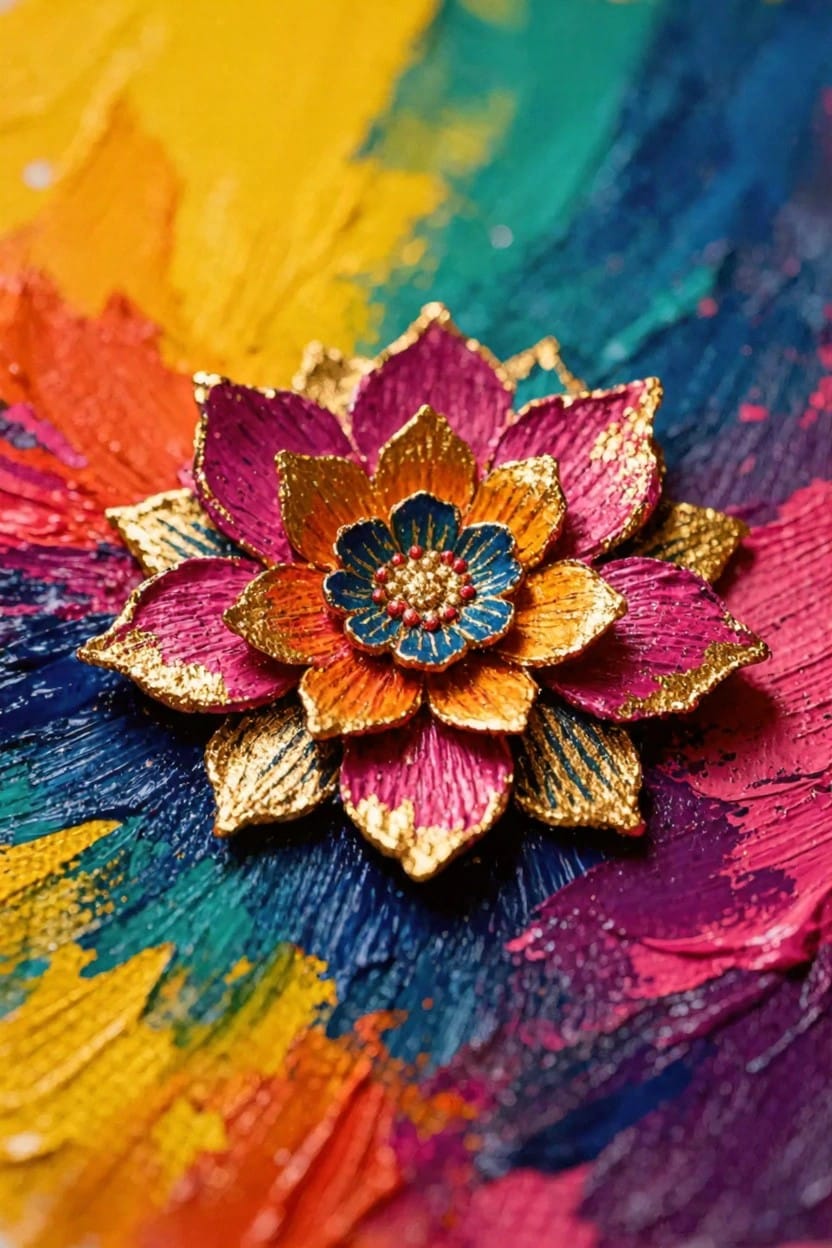 Closeup of a textured golden lotus flower with pink petals and blue-orange center on a swirling rainbow impasto background.