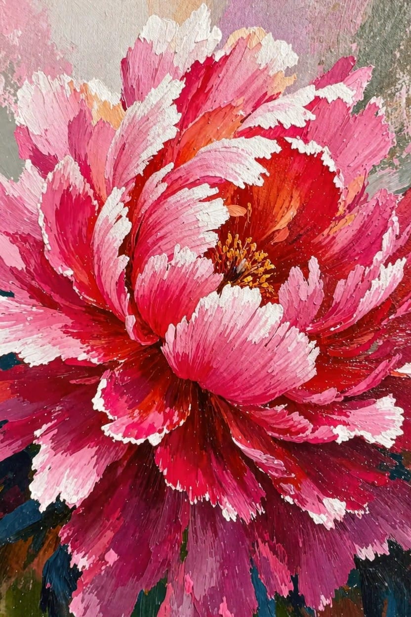 Close-up painting of a pink peony flower with ruffled layered petals in pinks, reds, and whites against a soft blurred background.