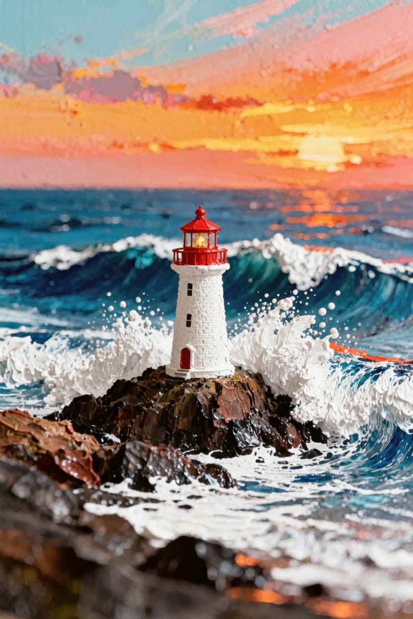 A textured painting of a small white lighthouse with red top on rocks, hit by crashing blue waves under a bright orange-pink sunset sky.
