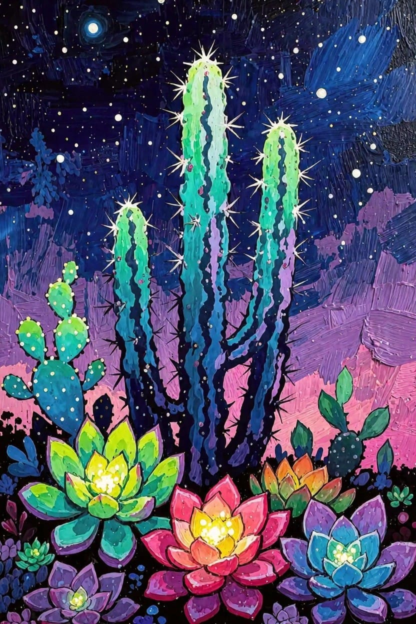 Vibrant painting of tall glowing green and purple cacti with colorful succulents under a starry purple-blue night sky.