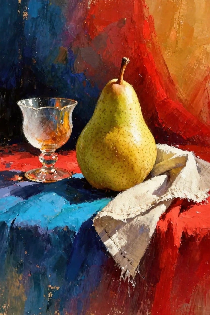 Painterly still life of a green pear next to a clear wine glass on white cloth, set against abstract blue, red, and orange background.
