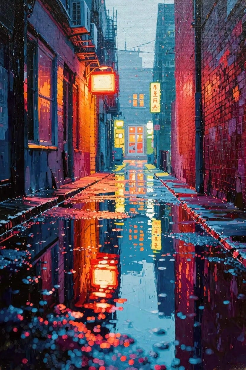 A narrow brick alley at night after rain reflects colorful neon signs and lamps in puddles on the wet street.