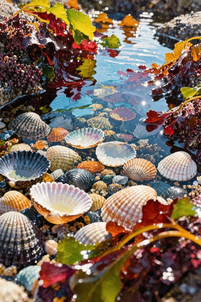 Multicolored seashells on rocks in shallow clear water surrounded by red and yellow seaweed.
