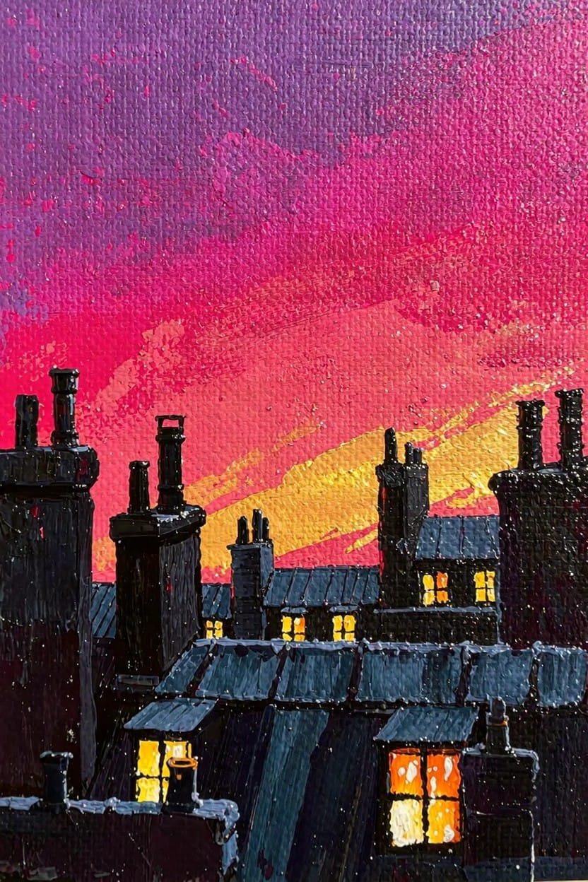 Dark rooftops, chimneys, and lit windows silhouetted against a purple-to-orange gradient sunset sky on canvas.